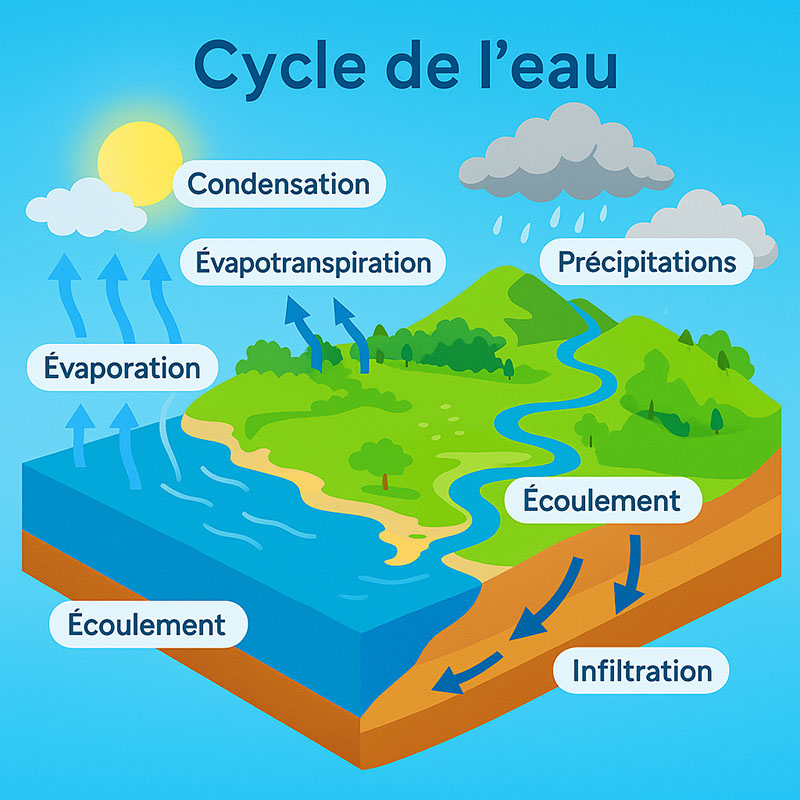 Illustration en couleur du cycle de l’eau avec les différentes étapes identifiées : évaporation, évapotranspiration, condensation, précipitations, écoulement et infiltration.