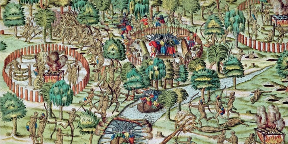 Gravure historique colorée de Theodor de Bry illustrant des affrontements entre colons européens et peuples indigènes lors des premières explorations et conquêtes au Brésil au XVIe siècle