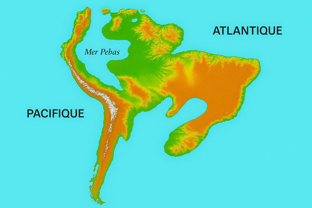 Carte topographique illustrée de l’Amérique du Sud à l’époque du Miocène, montrant la Mer de Pebas, un vaste système aquatique qui occupait une partie de l’Amazonie préhistorique.