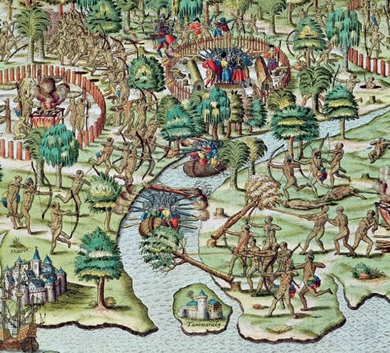 Gravure historique colorée de Theodor de Bry illustrant des affrontements entre colons européens et peuples indigènes lors des premières explorations et conquêtes au Brésil au XVIe siècle